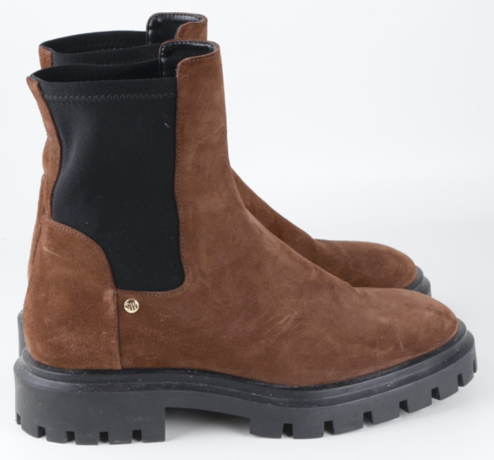 Stuart Weitzman Norah Brown Suede Lug Sole Chelsea Booties Ankle Boots Size 8 B